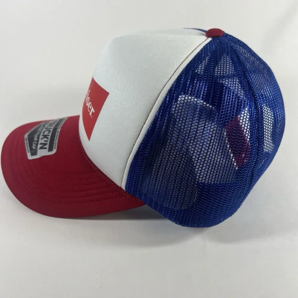 Budweiser Printed Foam Trucker Hat Red/White/Blue Colorway Mesh Back Rope Cap